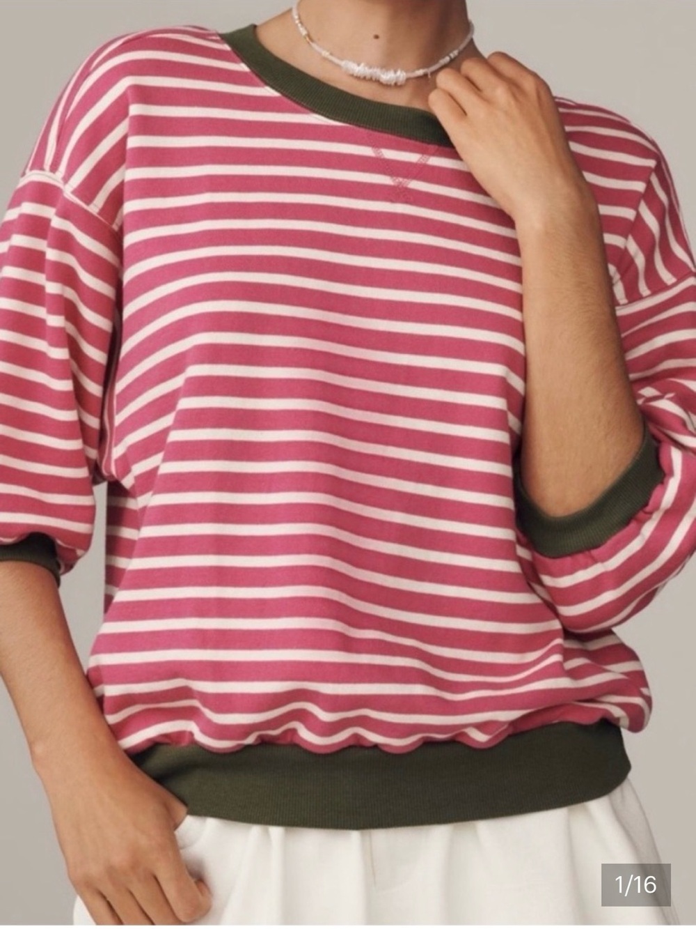 Anthropologie Pilcro XS Nikki Bubble top. Pink and Cream with Olive Trim